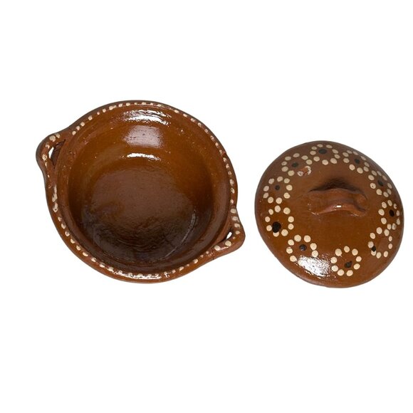 Handmade Terracotta Lidded Bowl | Mexican Folk Pottery Cazuela Repaired Handle - Picture 3 of 9